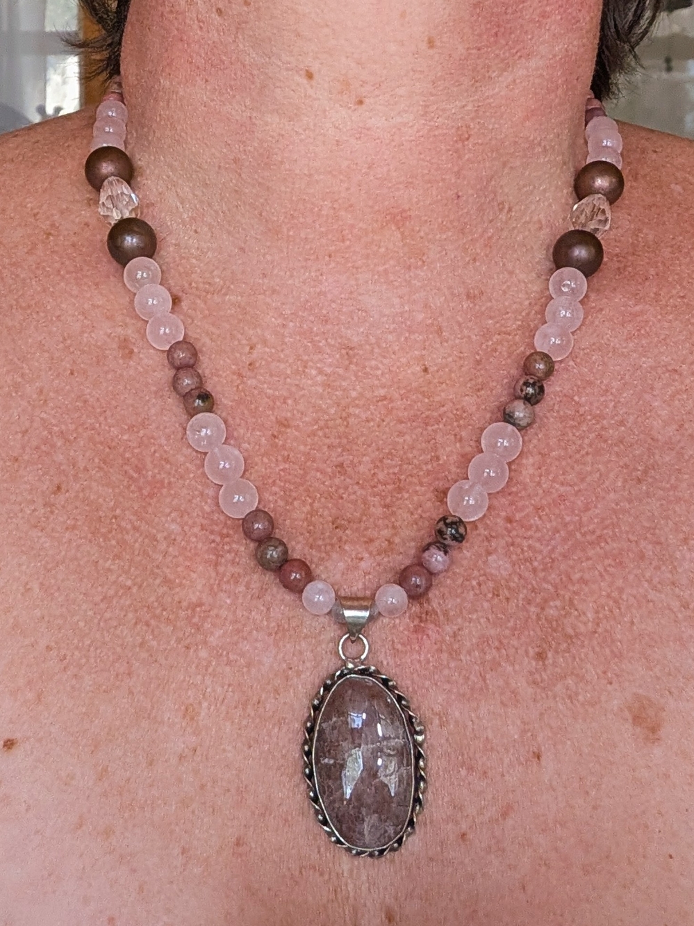 Handcrafted Pink Rose Quartz &  Quartz Pendant Necklace
